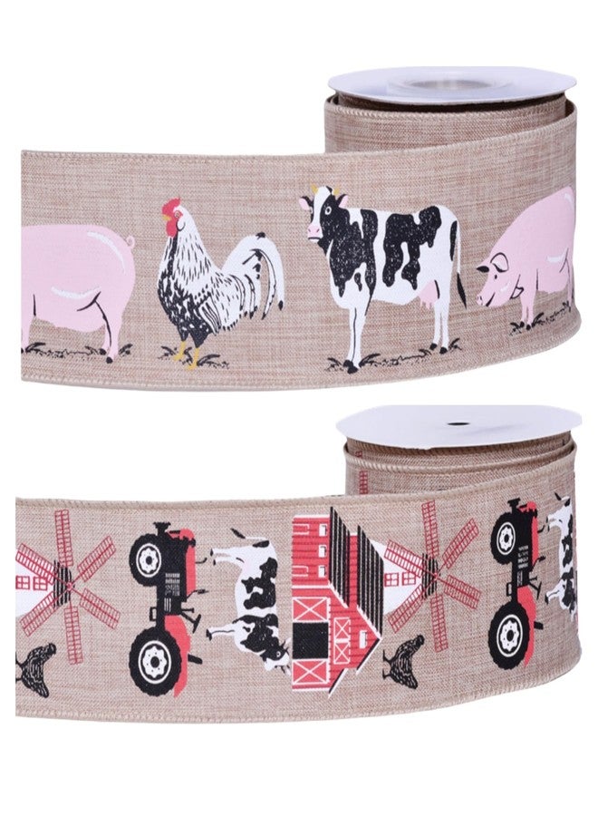 Meseey Farmhouse Animal Print Ribbon, 10 Yards, Highland Cow Pig Chicken Design, for Wreath Making and Crafts (Farm Animal 2 roll) - Image 1